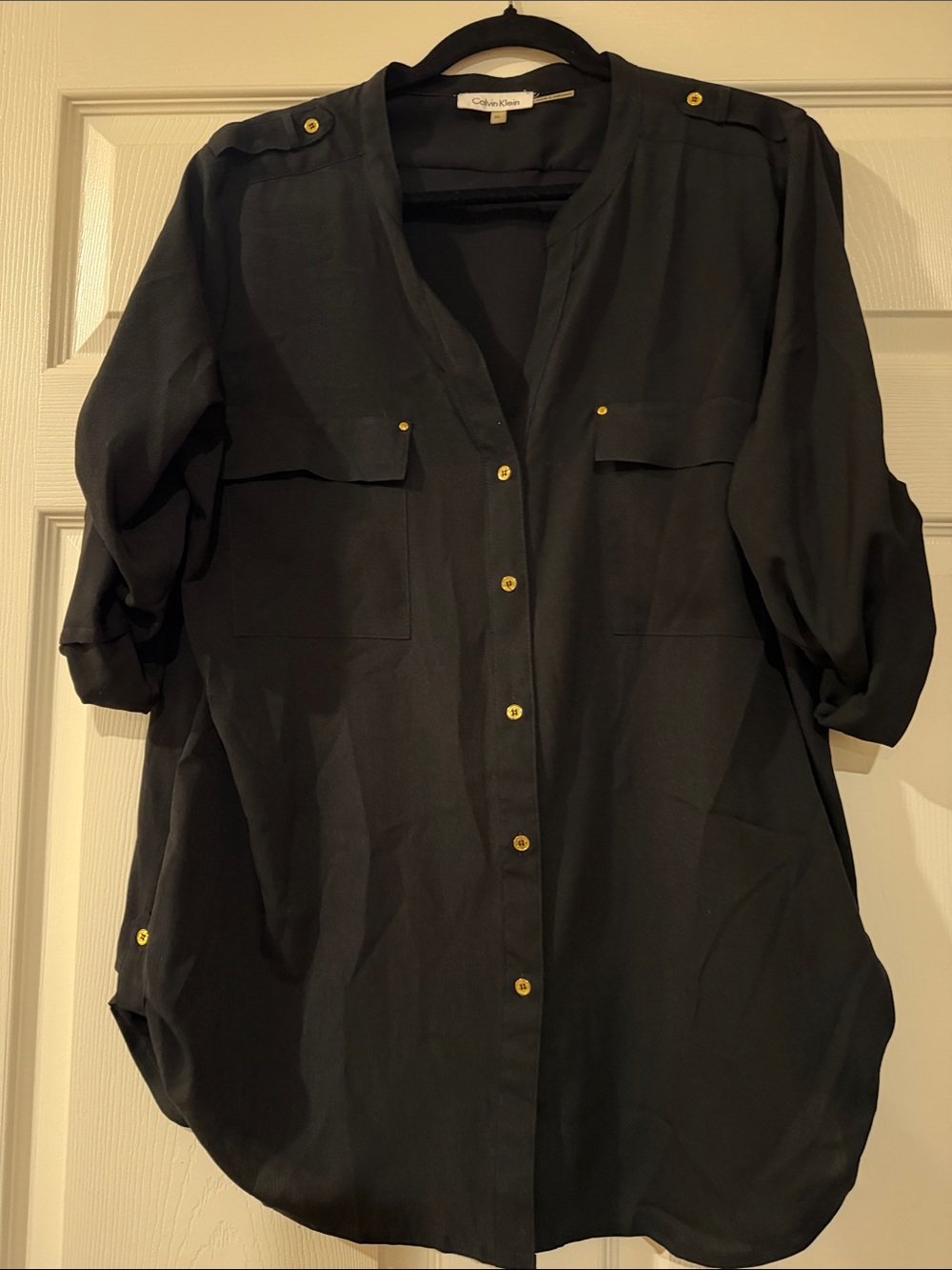 Calvin Klein Black Button-Front Utility Shirt with Gold Accents